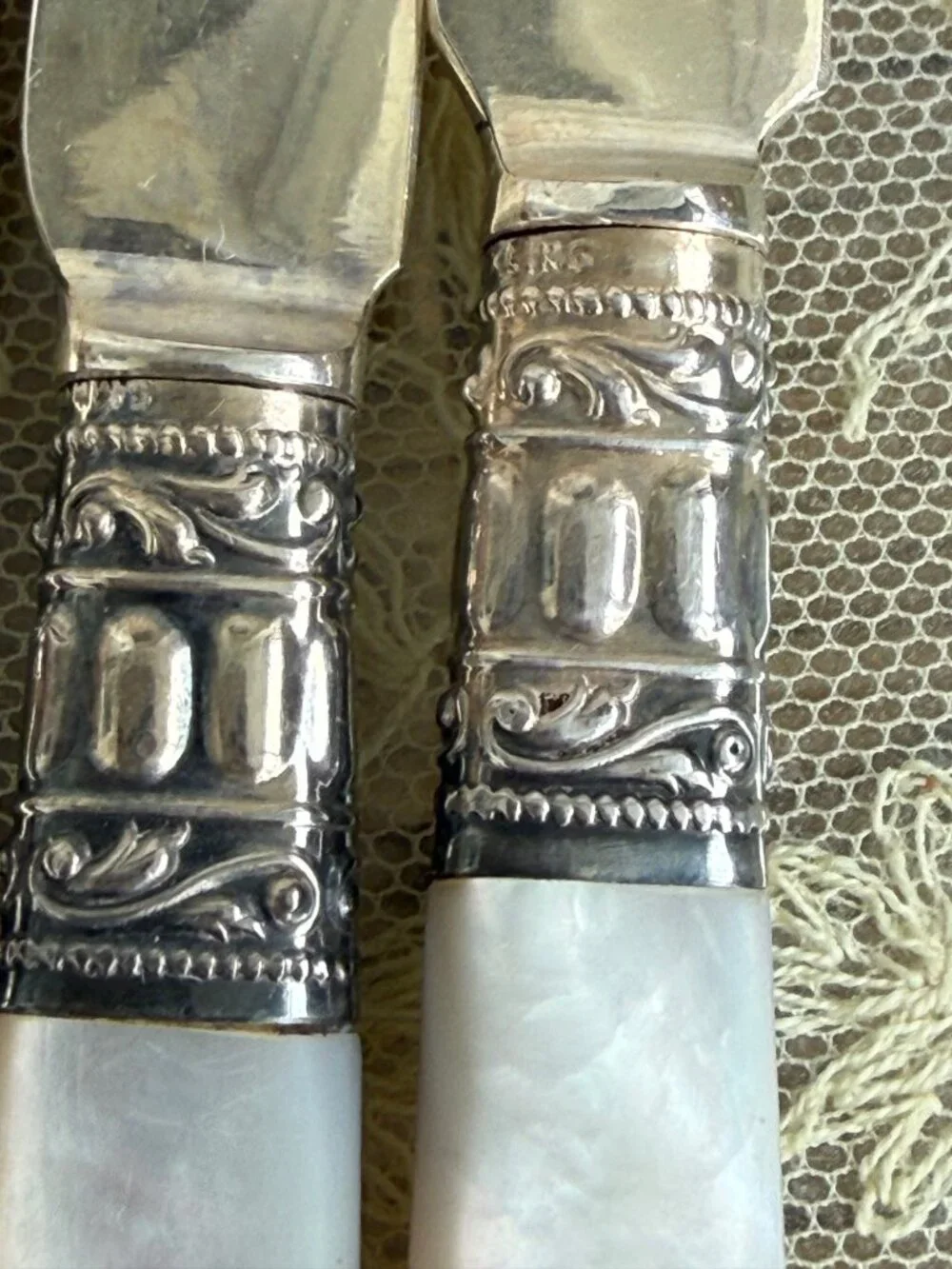 Antique 1910s Mother Of Pearl Fruit Knives Sterling Bands Boxed Set of 6
